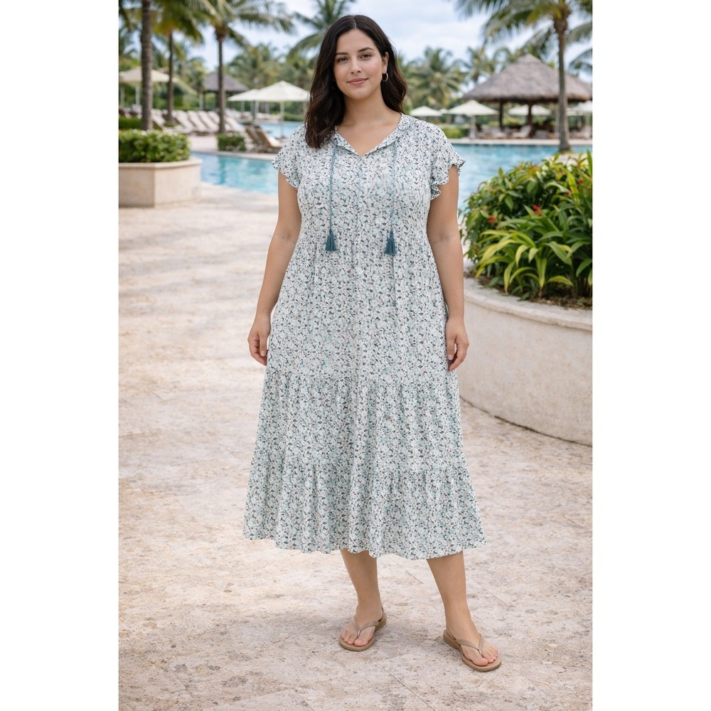 Sonoma Floral Tiered Midi Dress Womens 2X Blue White Rayon Boho Tassel New